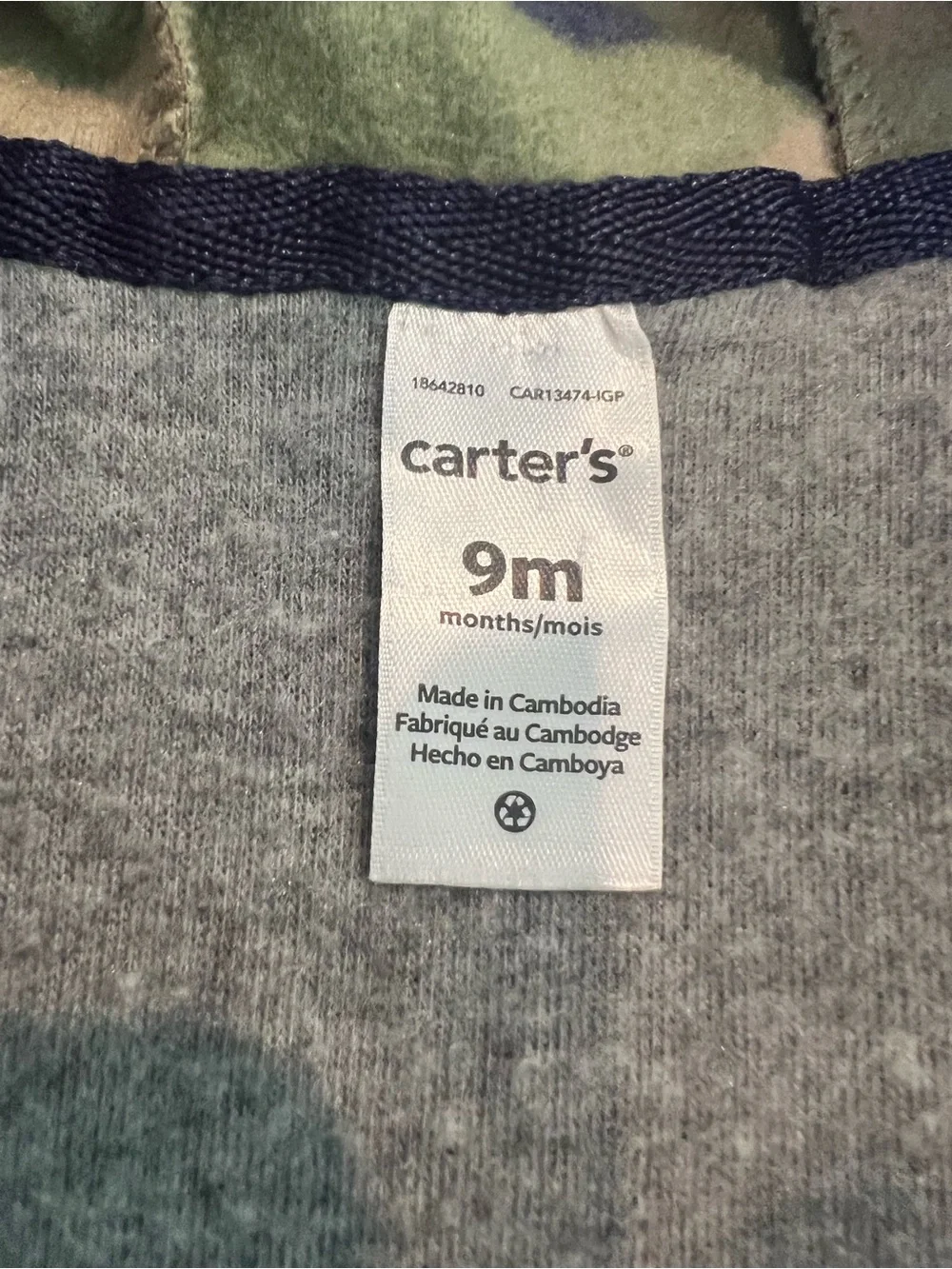 Carter's Gray Fleece Romper with Camo Hood Trim and Navy Edge
